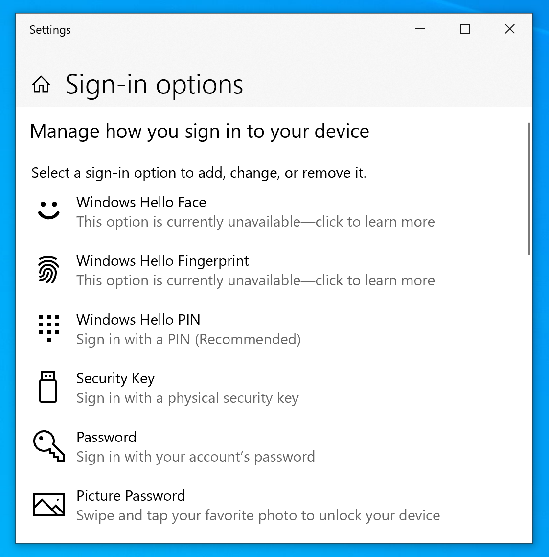 Sign-in options, Authentication